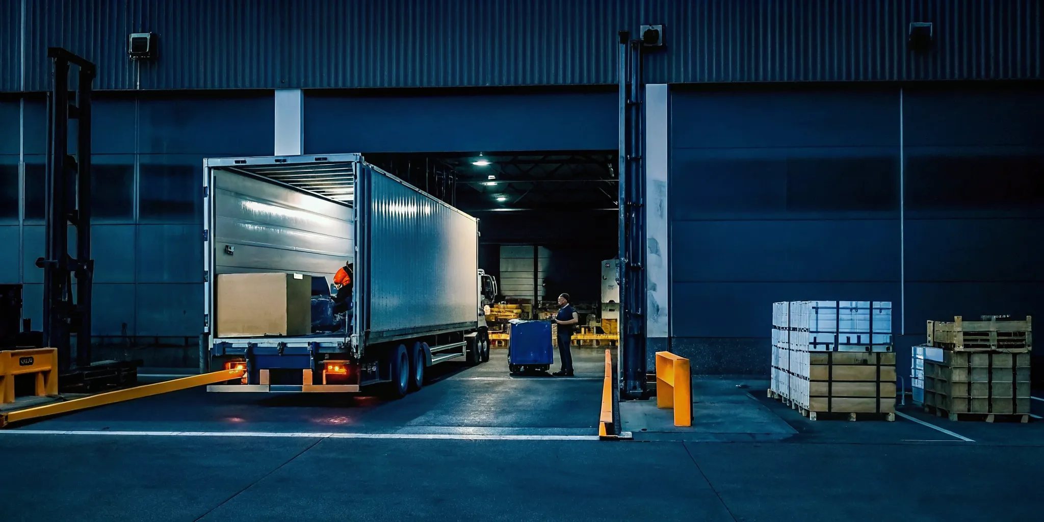 Semi truck at a warehouse loading dock with freight being unloaded by workers using pallet jacks for short term storage