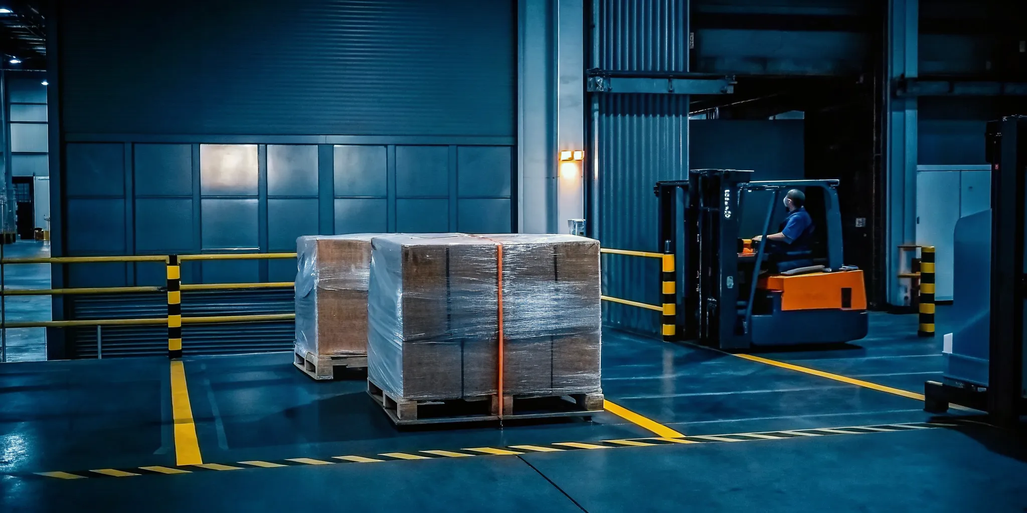 Service agent restacking loaded freight pallets with plastic wrap on a warehouse dock