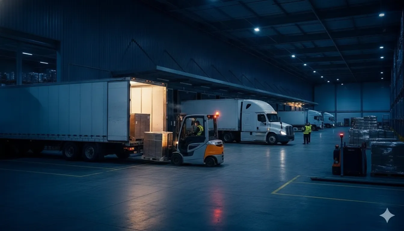 Forklift operator transferring palletized freight from an inbound trailer to an outbound truck at a cross-docking yard.