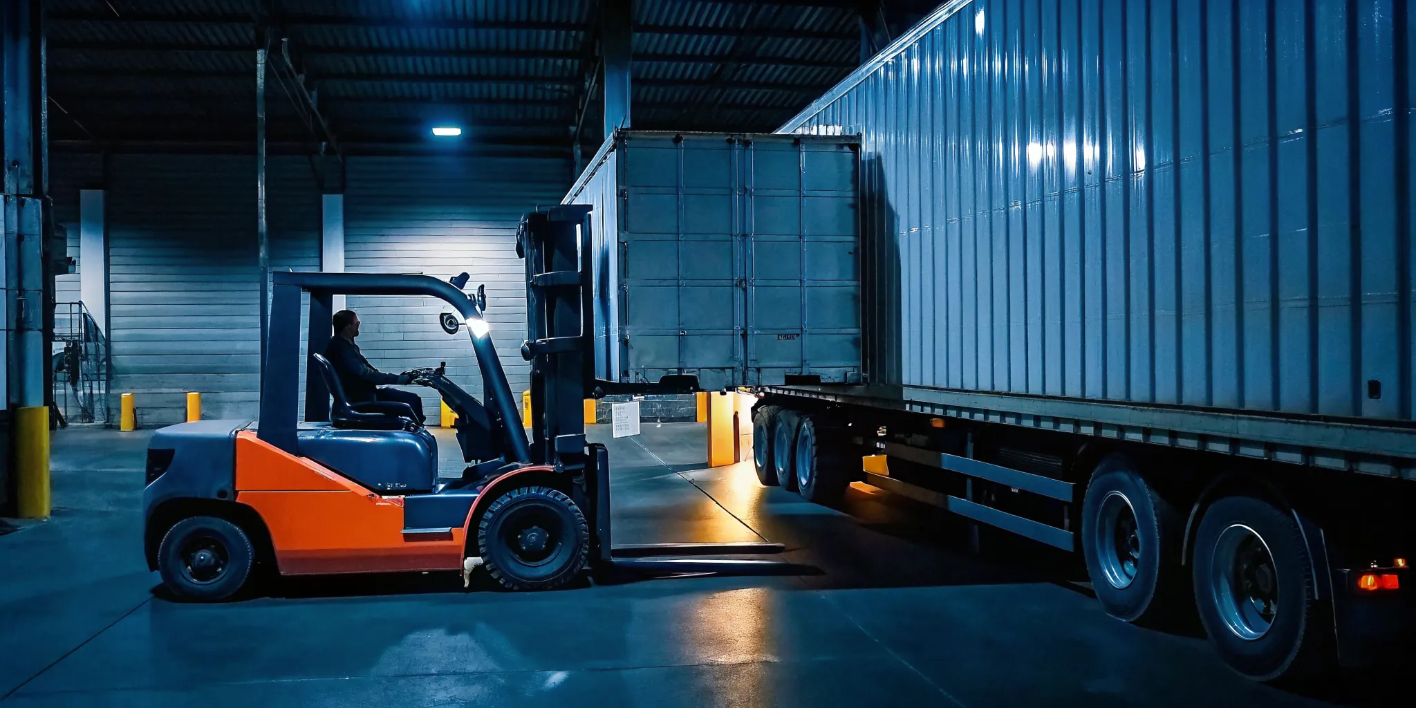 Forklift transloading palletized cargo from a boxcar to a semi-trailer truck