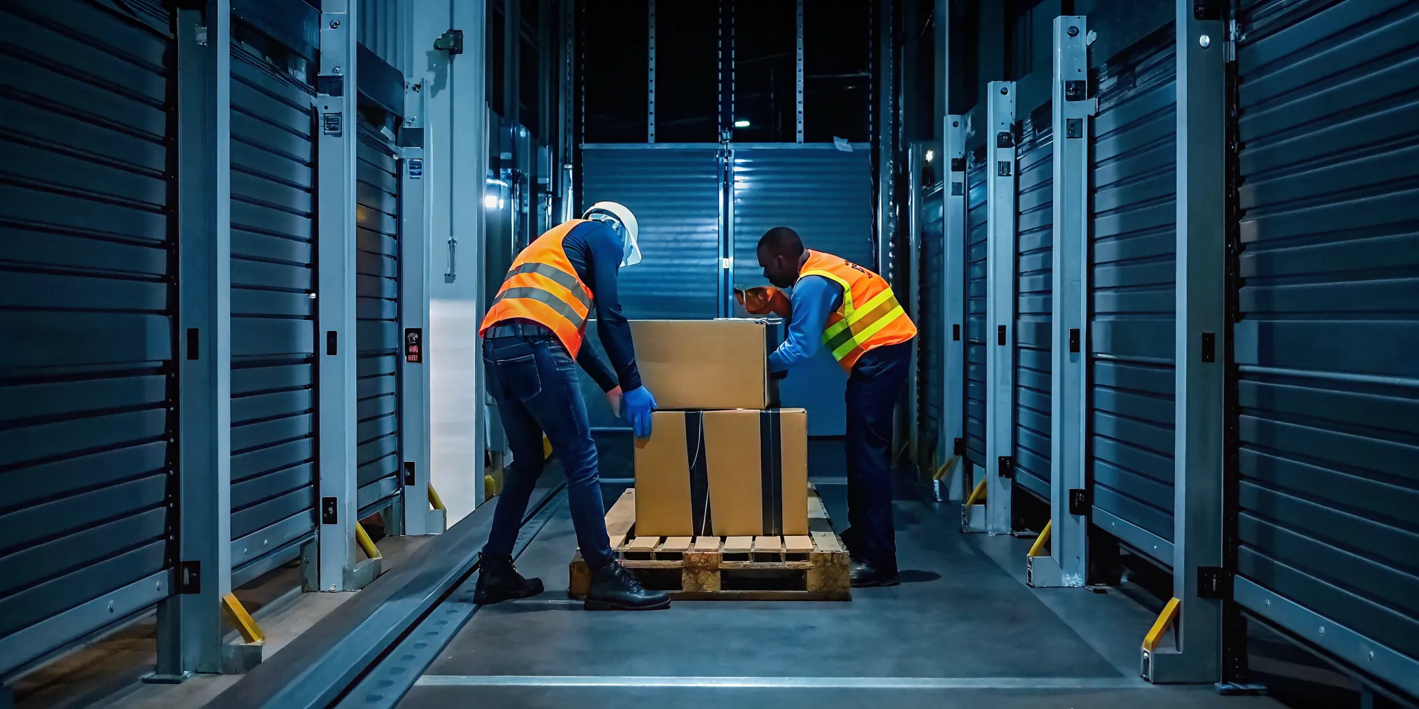 Professional freight rework crew restacking shifted cardboard boxes inside a warehouse