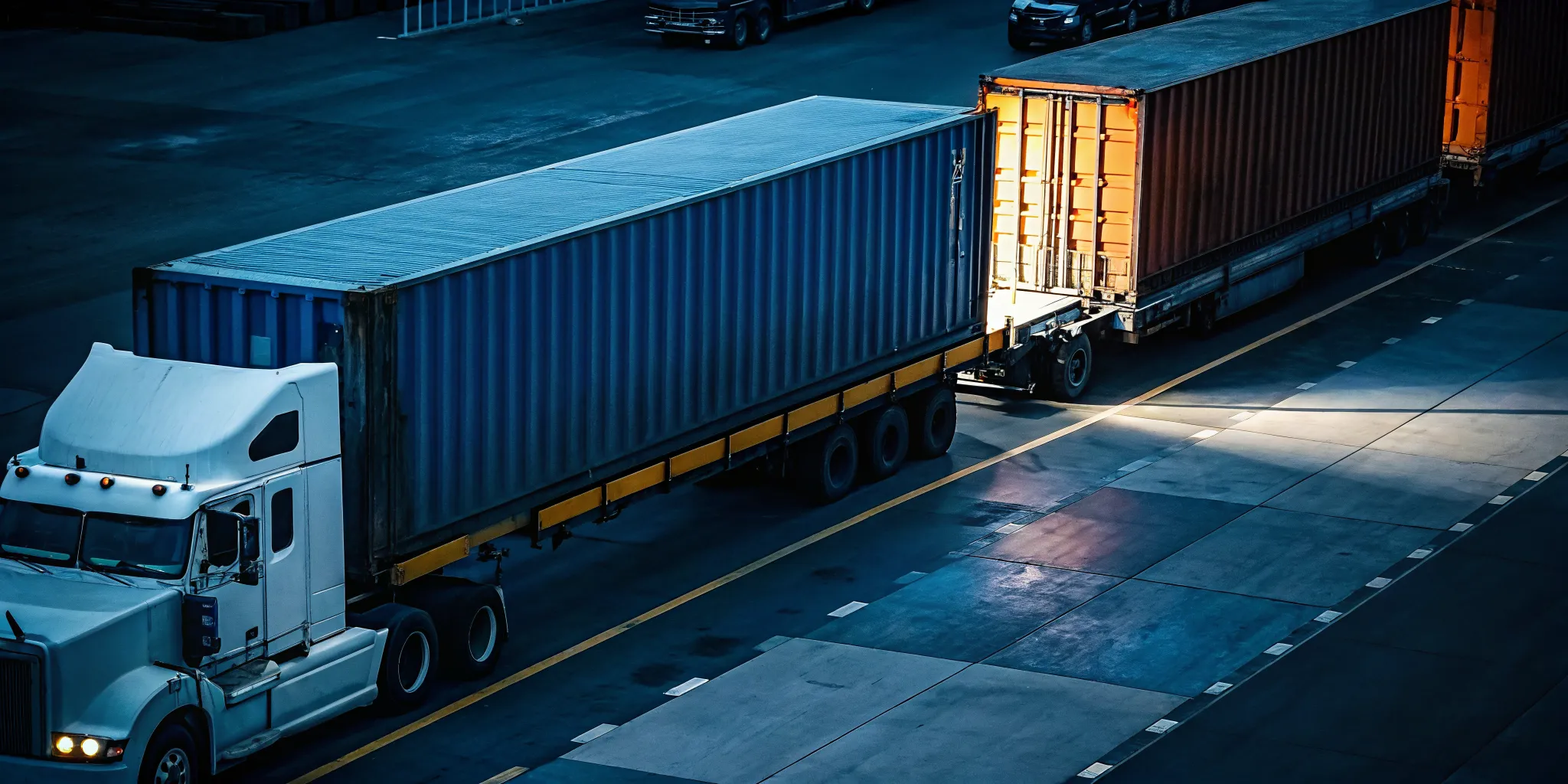Cargo train and semi-truck side by side at an intermodal shipping terminal