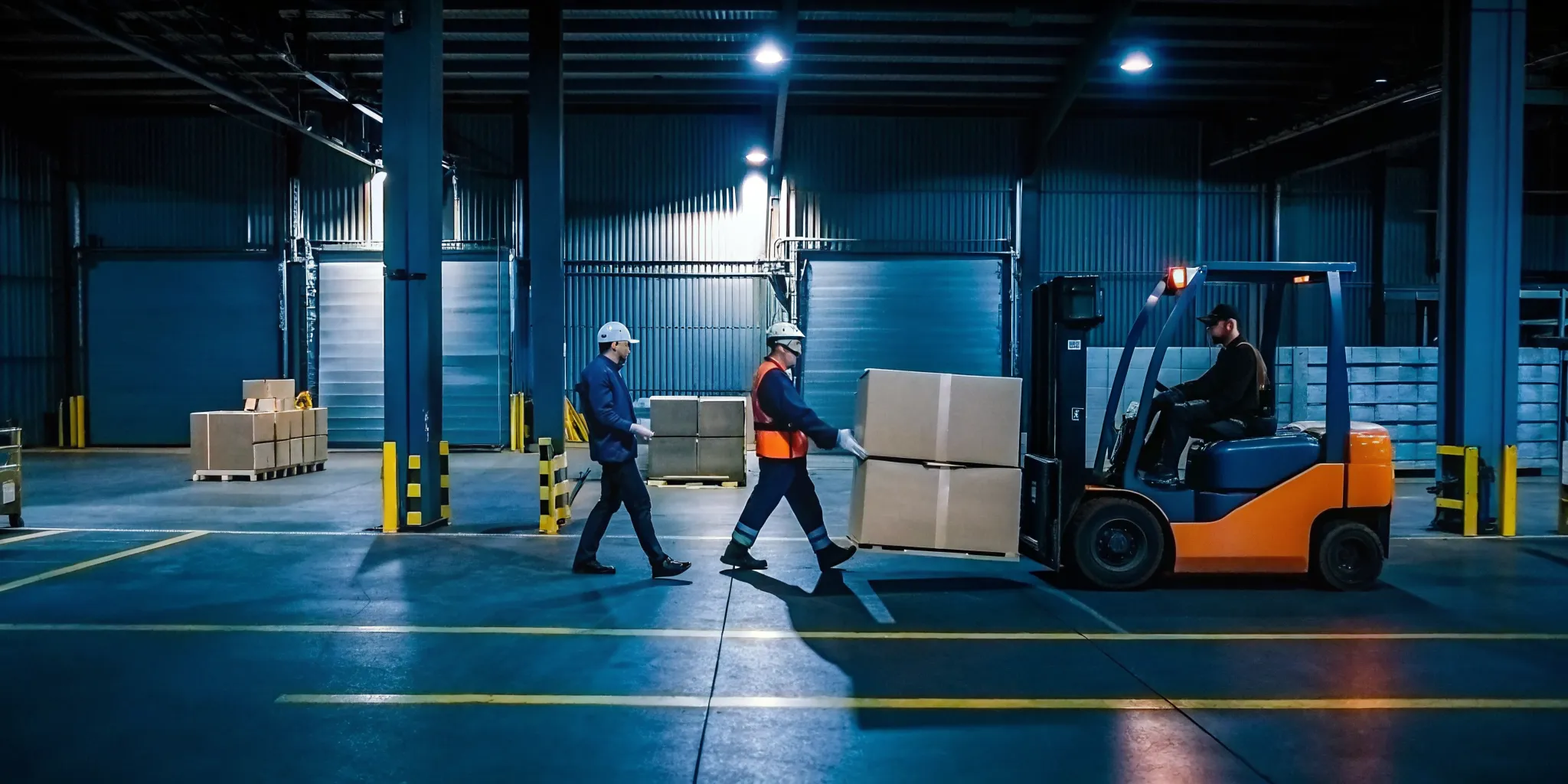 Logistics team cross-docking freight boxes between pallets in a distribution center