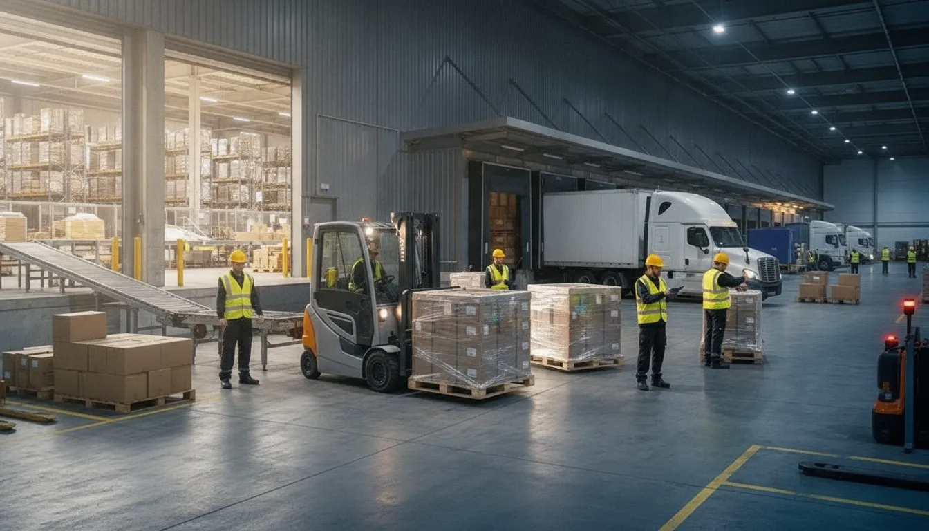 Warehouse workers on a loading dock sorting and scanning palletized freight while a forklift stages boxes at an open dock door.