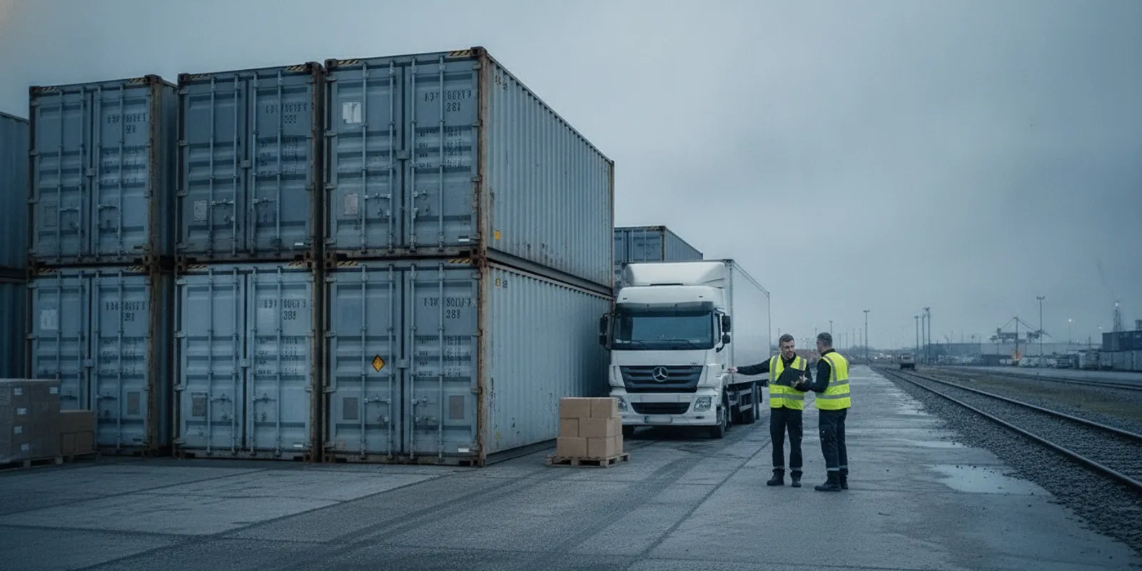 Freight containers beside a rail line during a rail transloading operation