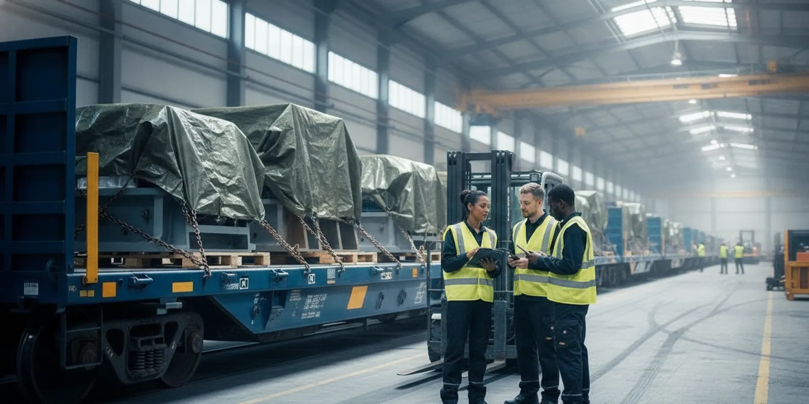 Freight team assessing cargo beside a railcar at an intermodal terminal
