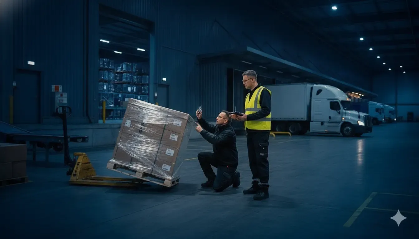 Carrier and logistics coordinator inspecting a leaning pallet after a warehouse freight rejection