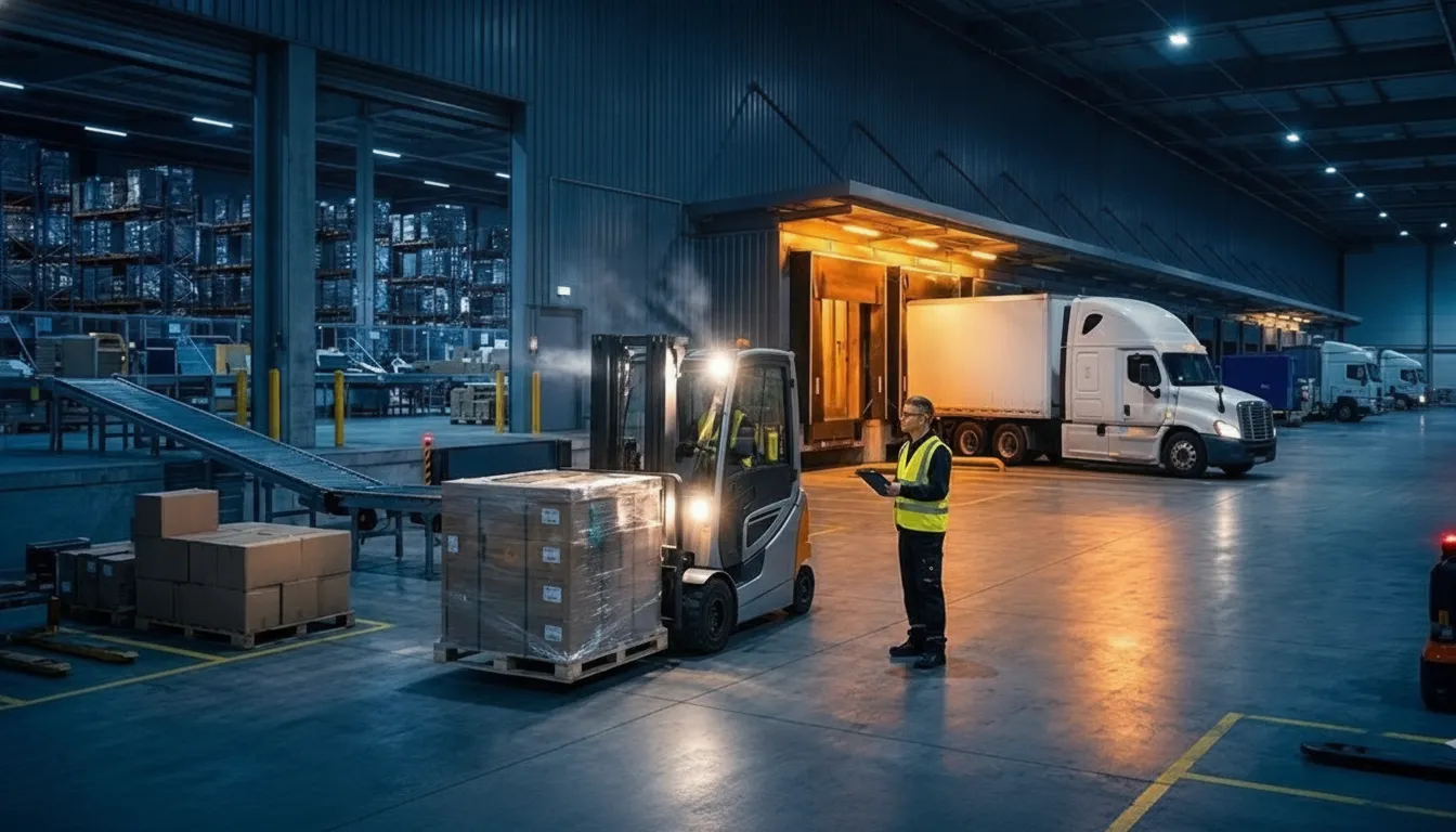 Cross docking near me team moving palletized freight toward an outbound trailer