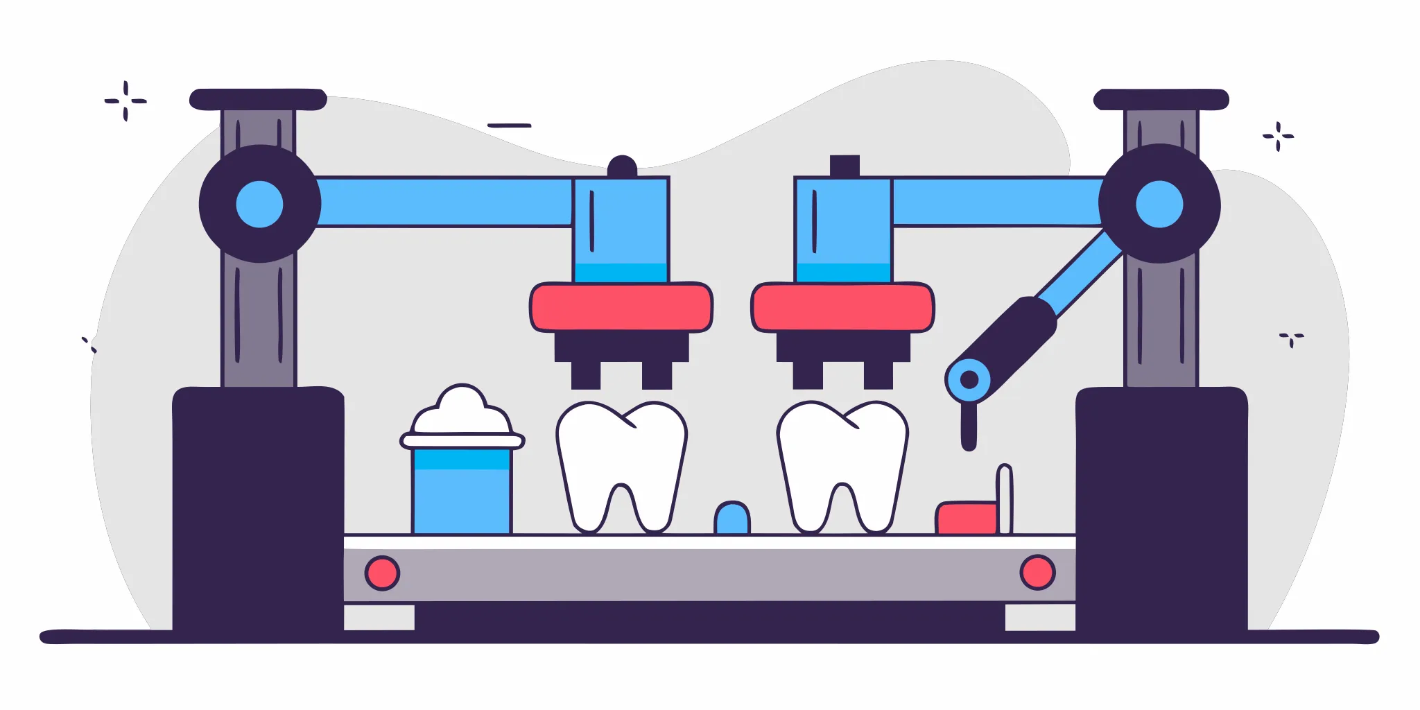 Three hybrid denture restorations fabricated from zirconia PEEK and acrylic materials arranged for comparison on a laboratory work surface