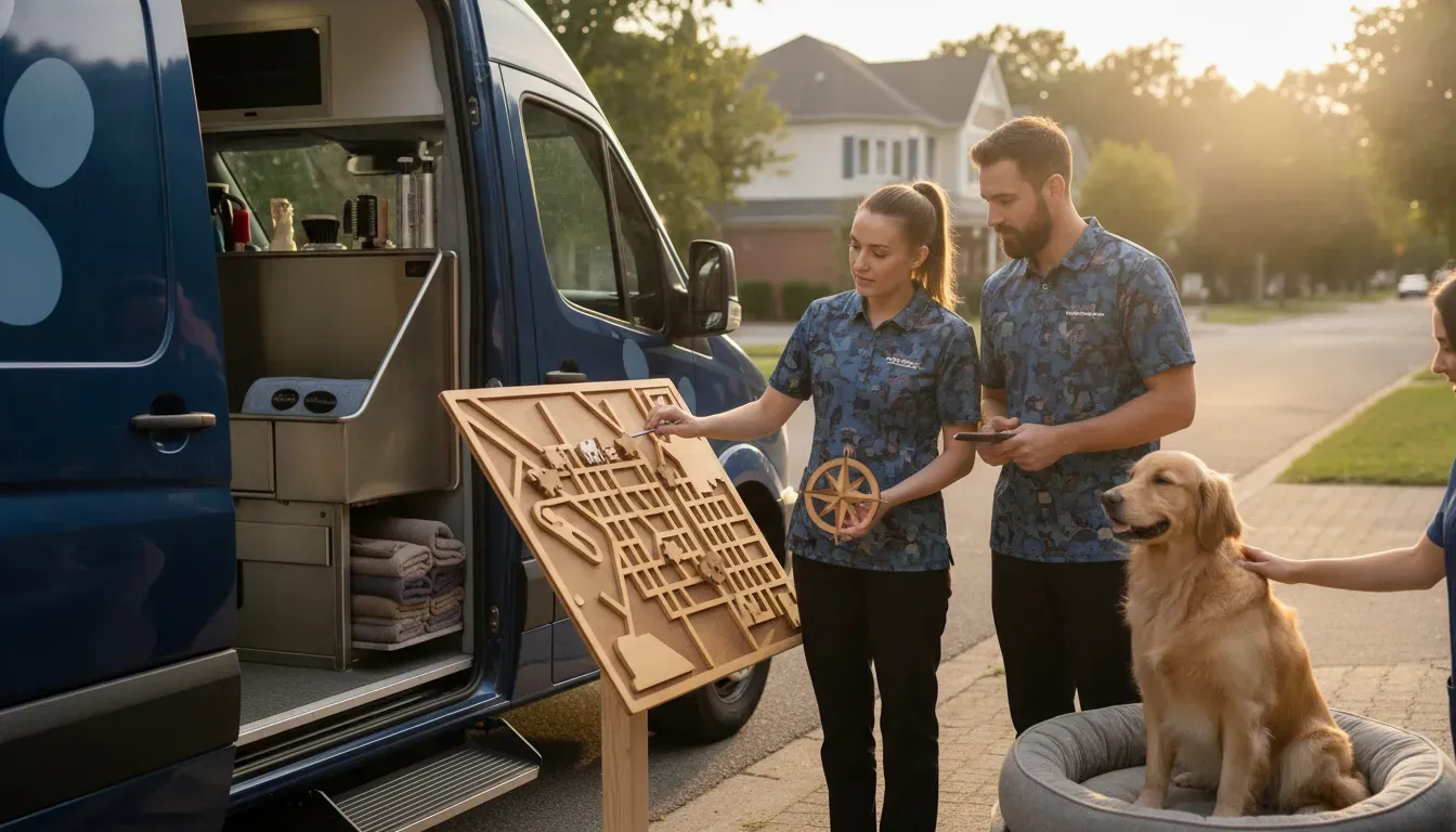 Mobile pet grooming franchise team planning a local service route