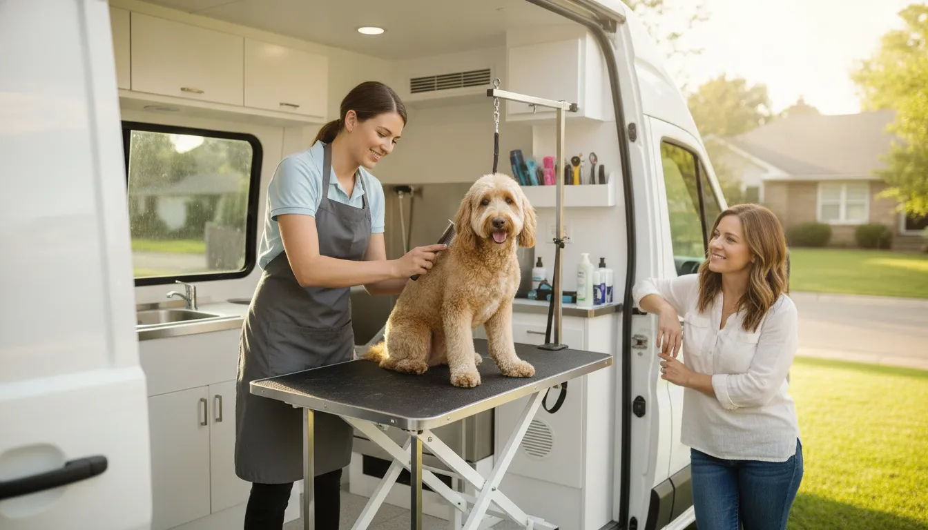 Trained groomer working with a dog inside a mobile grooming van