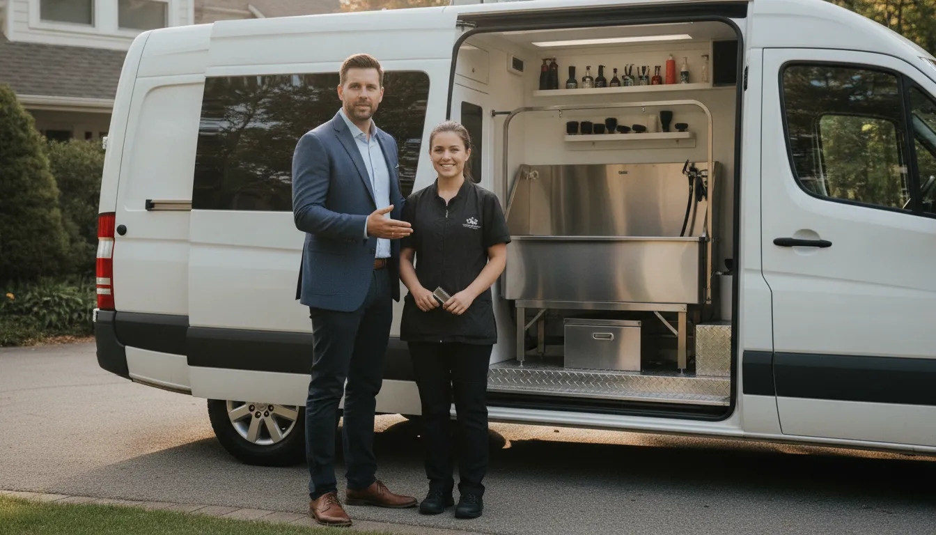 Entrepreneur reviewing a mobile dog grooming franchise model beside a grooming van