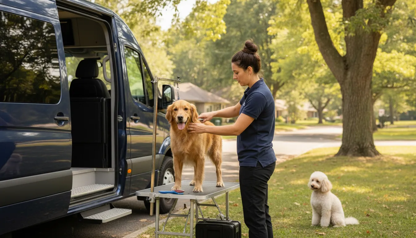 Franchise owner coaching a groomer beside a mobile dog grooming van