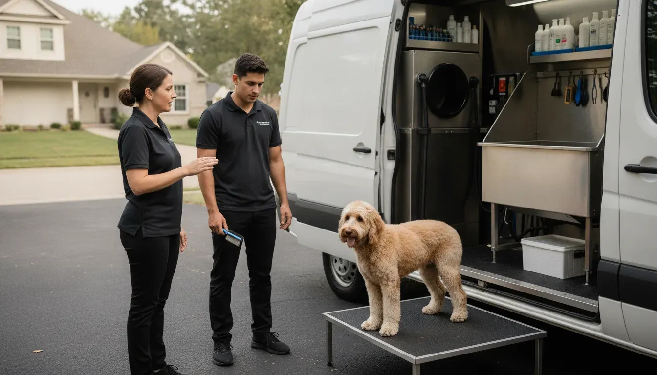 Franchise owner coaching a trained groomer beside a mobile dog grooming van