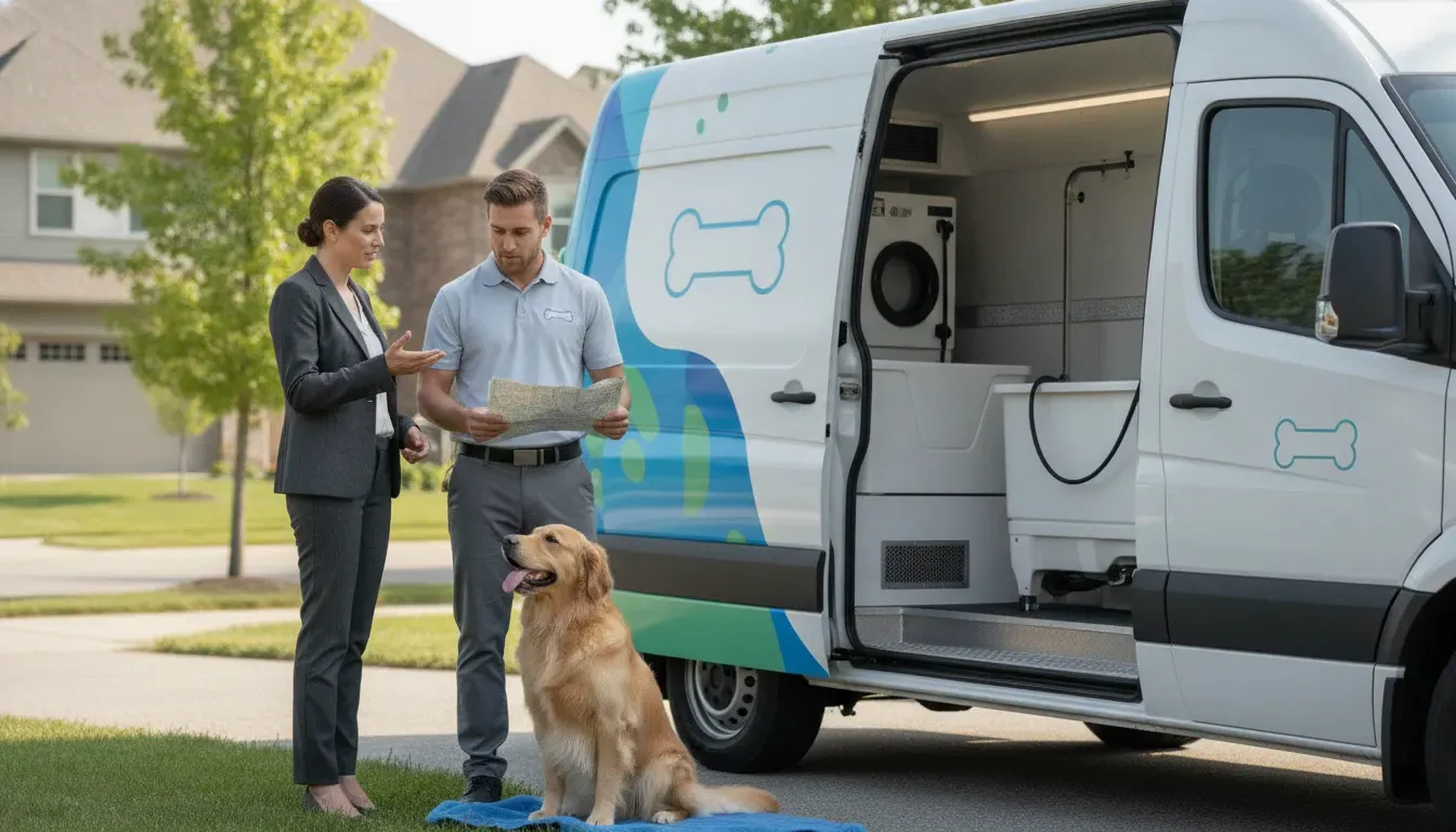 Franchise owner and groomer discussing mobile dog grooming van operations