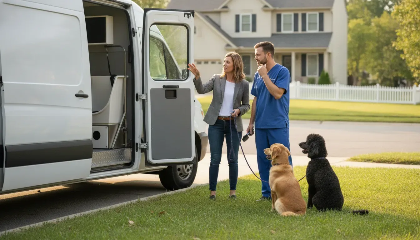 Franchise owner and groomer discussing pet grooming franchise ROI operations beside a mobile grooming van