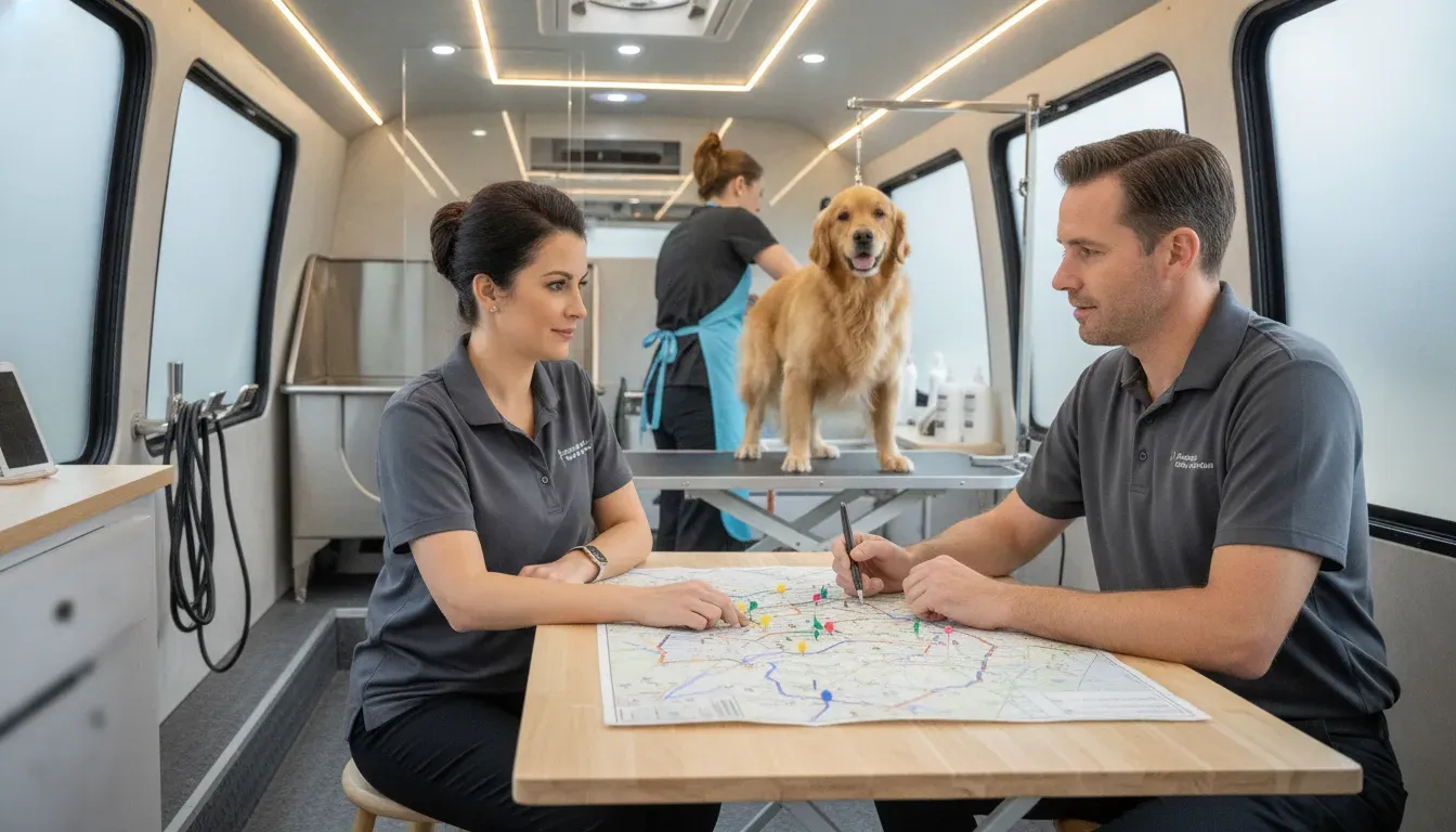 Mobile dog grooming franchise owner and operations manager reviewing route and team priorities