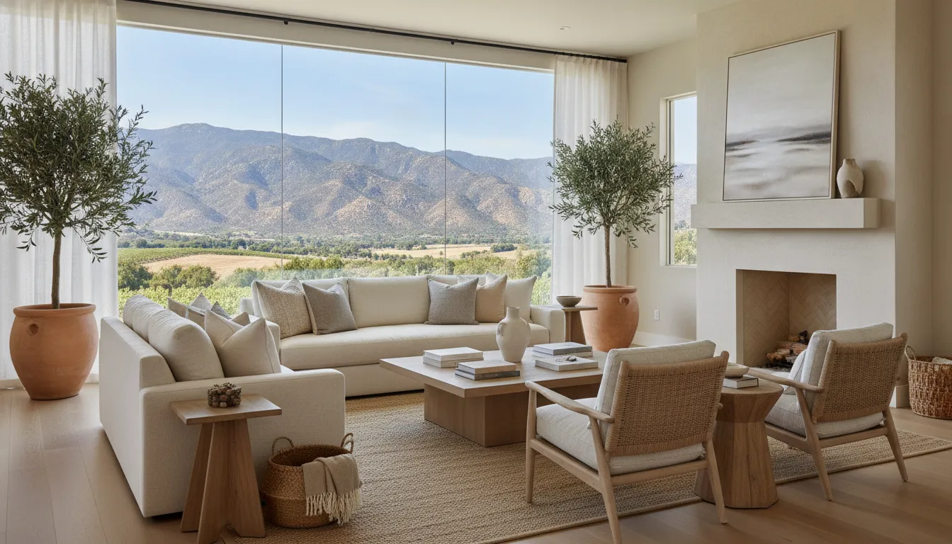 Staged Temecula living room with neutral furniture and mountain views