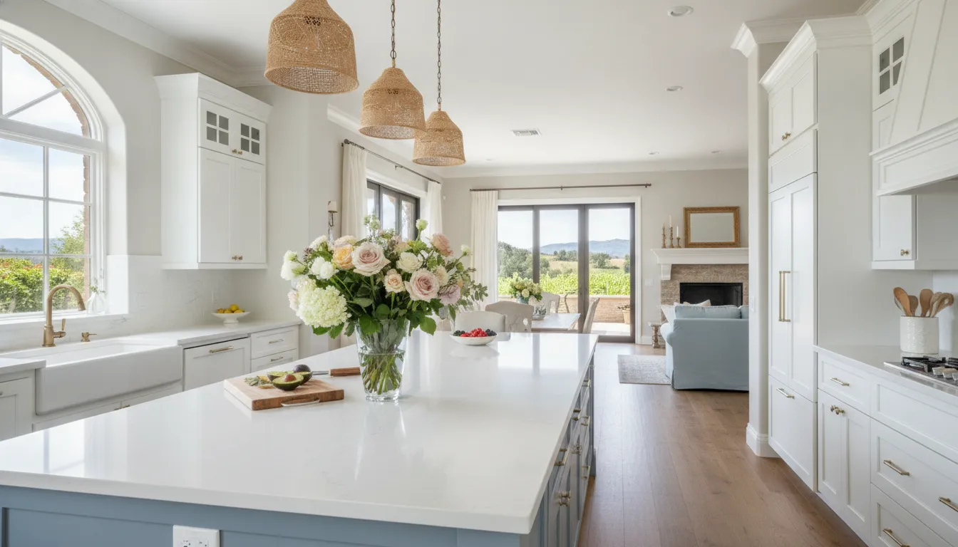 Freshly staged kitchen with white countertops and open layout