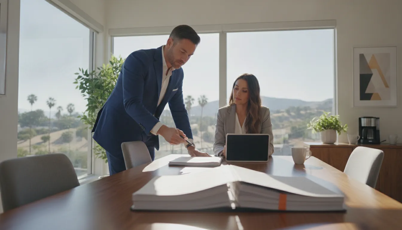 Real estate investor reviewing lease documents with a property manager in a bright Inland Empire office