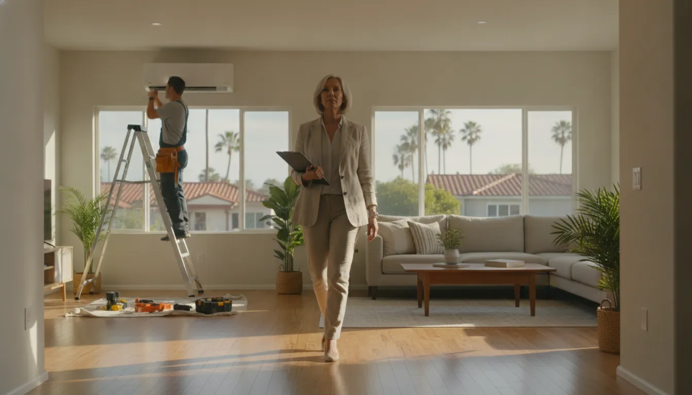 Landlord walking through a well-maintained rental home with a handyman checking the HVAC system