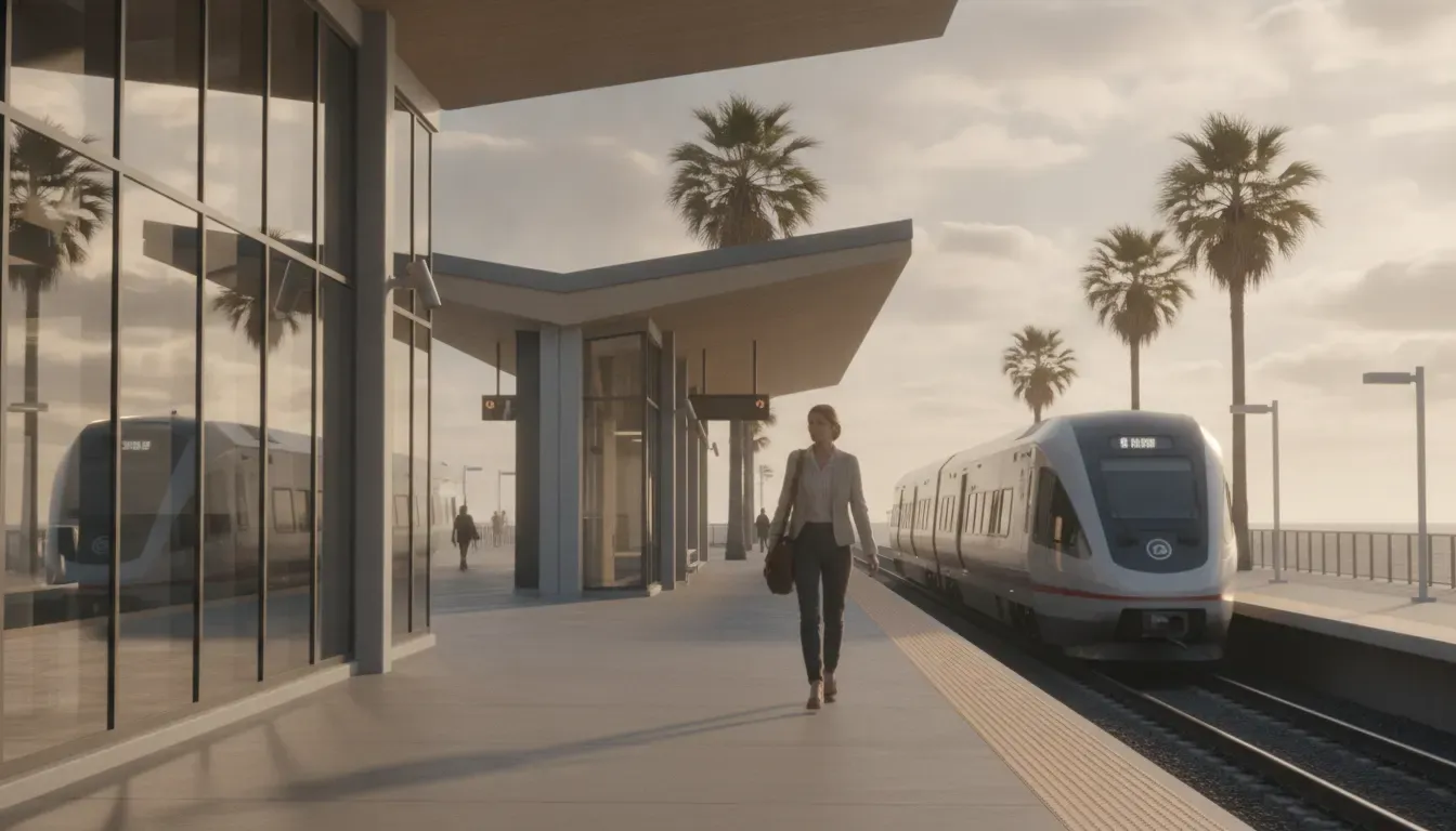 Commuter walking toward a coastal Oceanside train platform during a home search