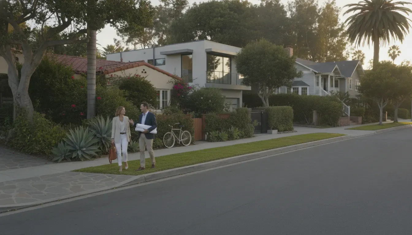 Oceanside neighborhood homes and a buyer touring a residential street with a real estate agent