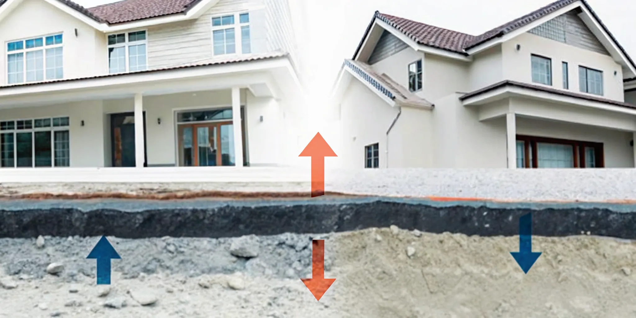 Soil cross-section diagram showing foundation settlement sinking downward and foundation heave pushing upward through expansive clay layers, with labeled movement arrows