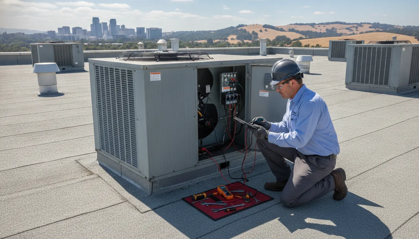 A professional commercial HVAC technician inspecting mechanical components and electrical wiring of a rooftop heating and cooling unit in Northern California