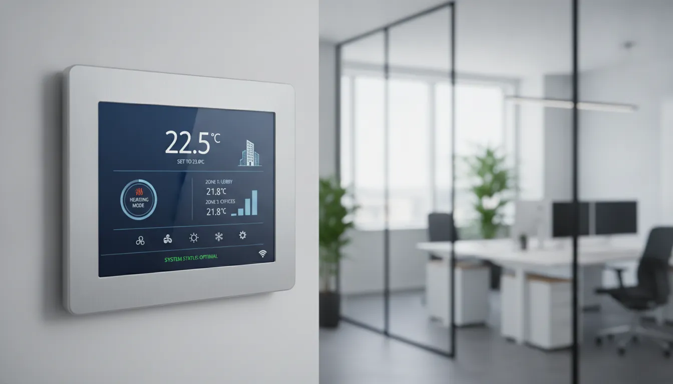 An advanced digital smart thermostat and commercial building automation control system displaying heating, cooling, and ventilation settings