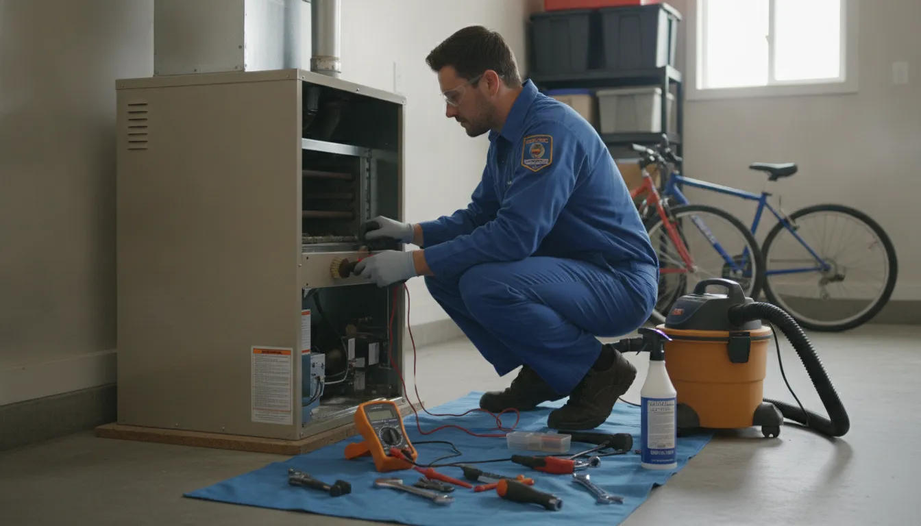 HVAC technician performing maintenance on a furnace in Elk Grove CA
