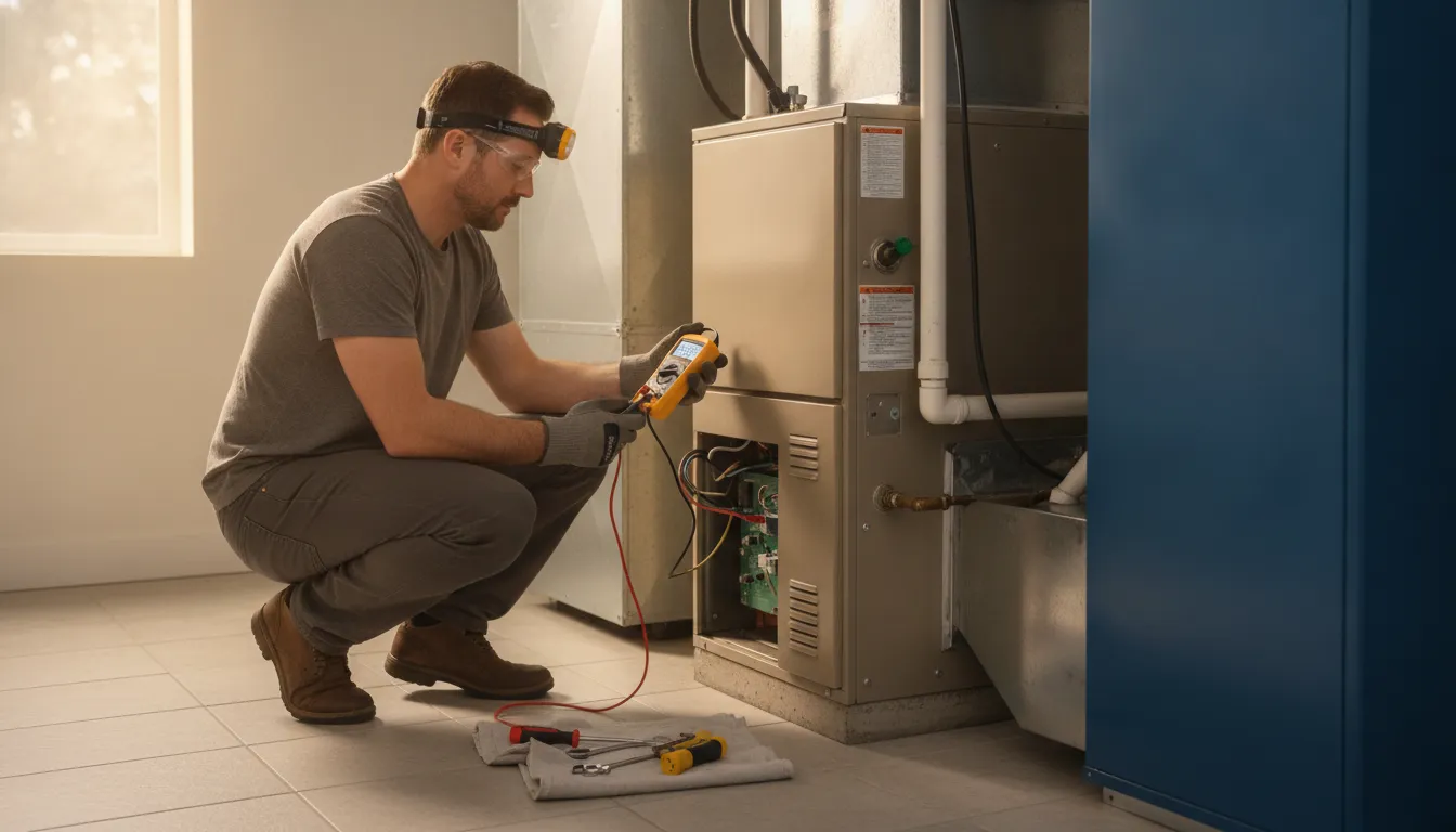 HVAC technician inspecting furnace equipment during an hvac maintenance checklist seasonal tune-up