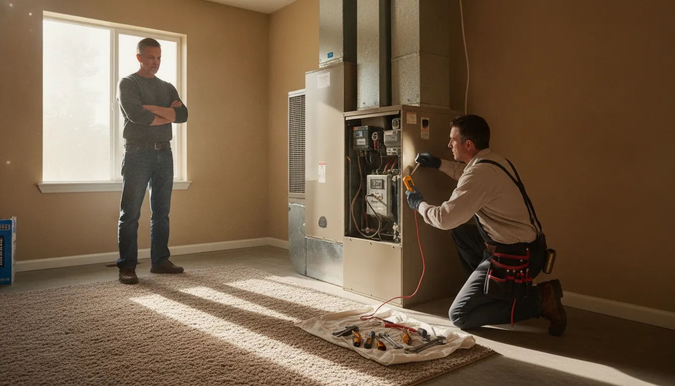 Technician inspecting an aging HVAC system in a Northern California home