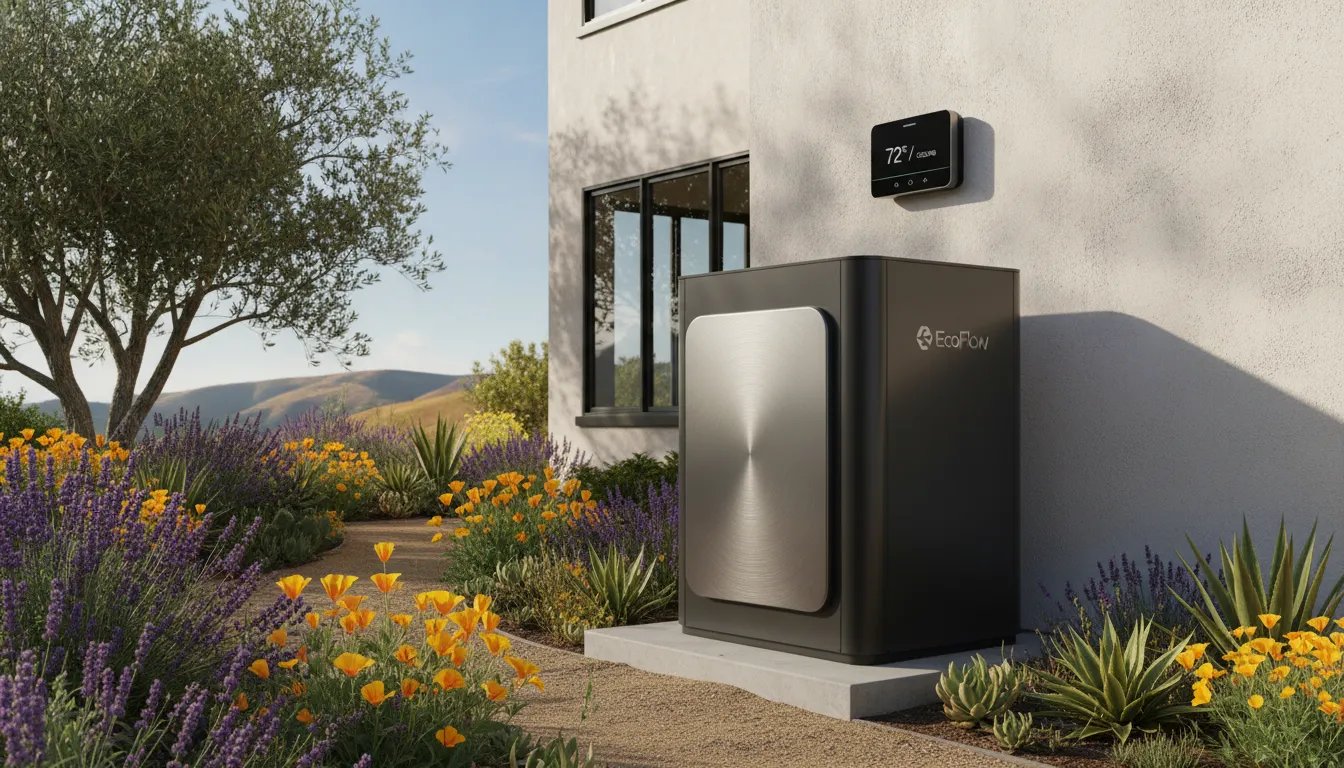 Modern high-efficiency heat pump installed alongside a smart thermostat display inside a Bay Area home