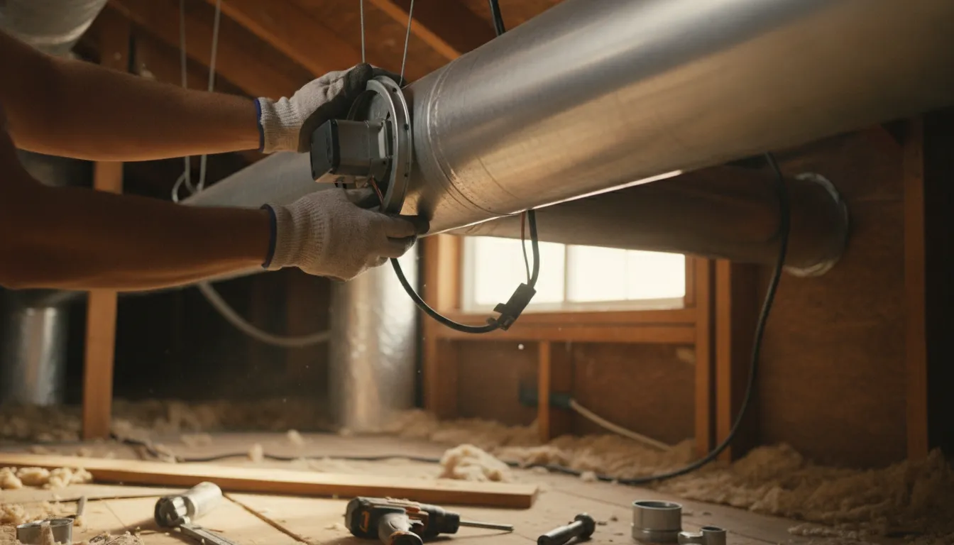 HVAC technician installing a motorized zone damper into residential ductwork