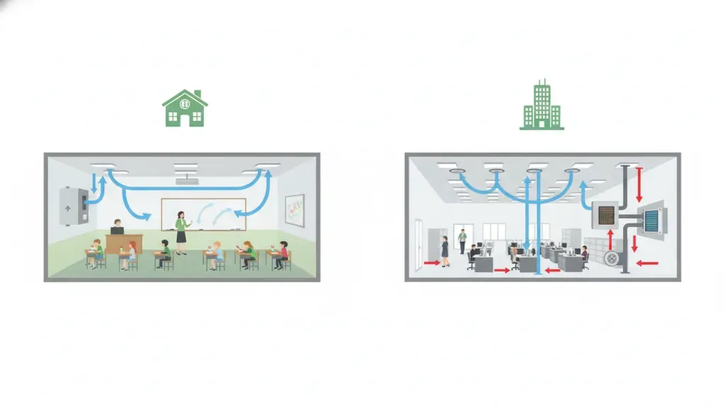 Airflow comparison between school classroom HVAC ventilation and commercial office HVAC systems