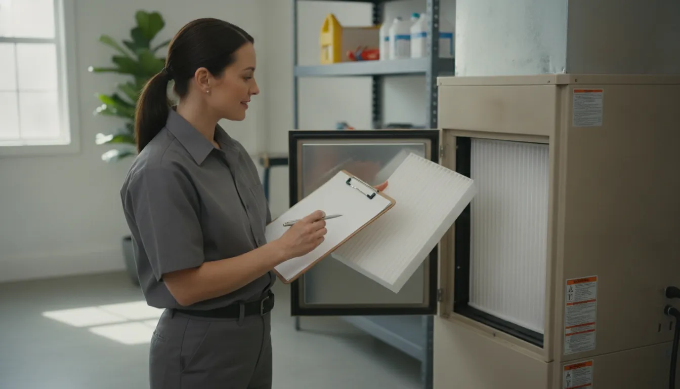 HVAC technician checking an air filter during an hvac maintenance checklist seasonal tune-up
