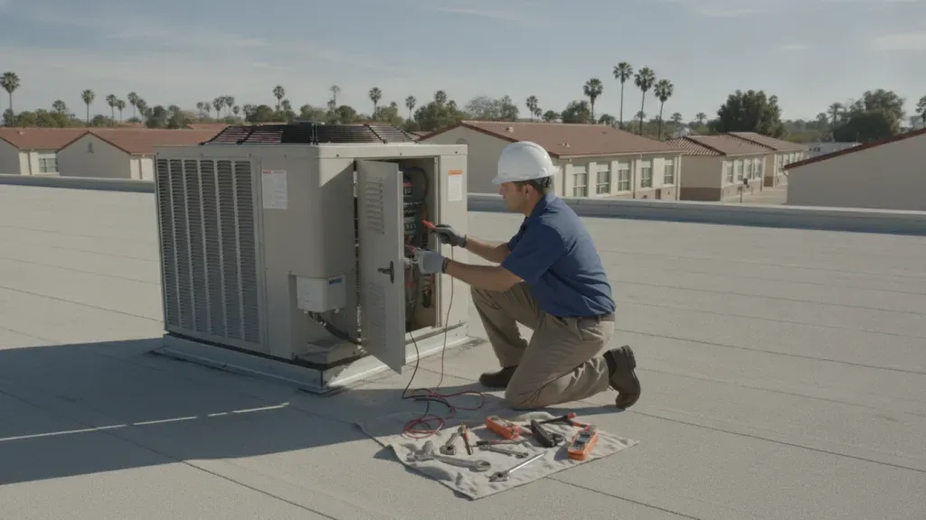 HVAC technician servicing rooftop air conditioning unit on a California school building