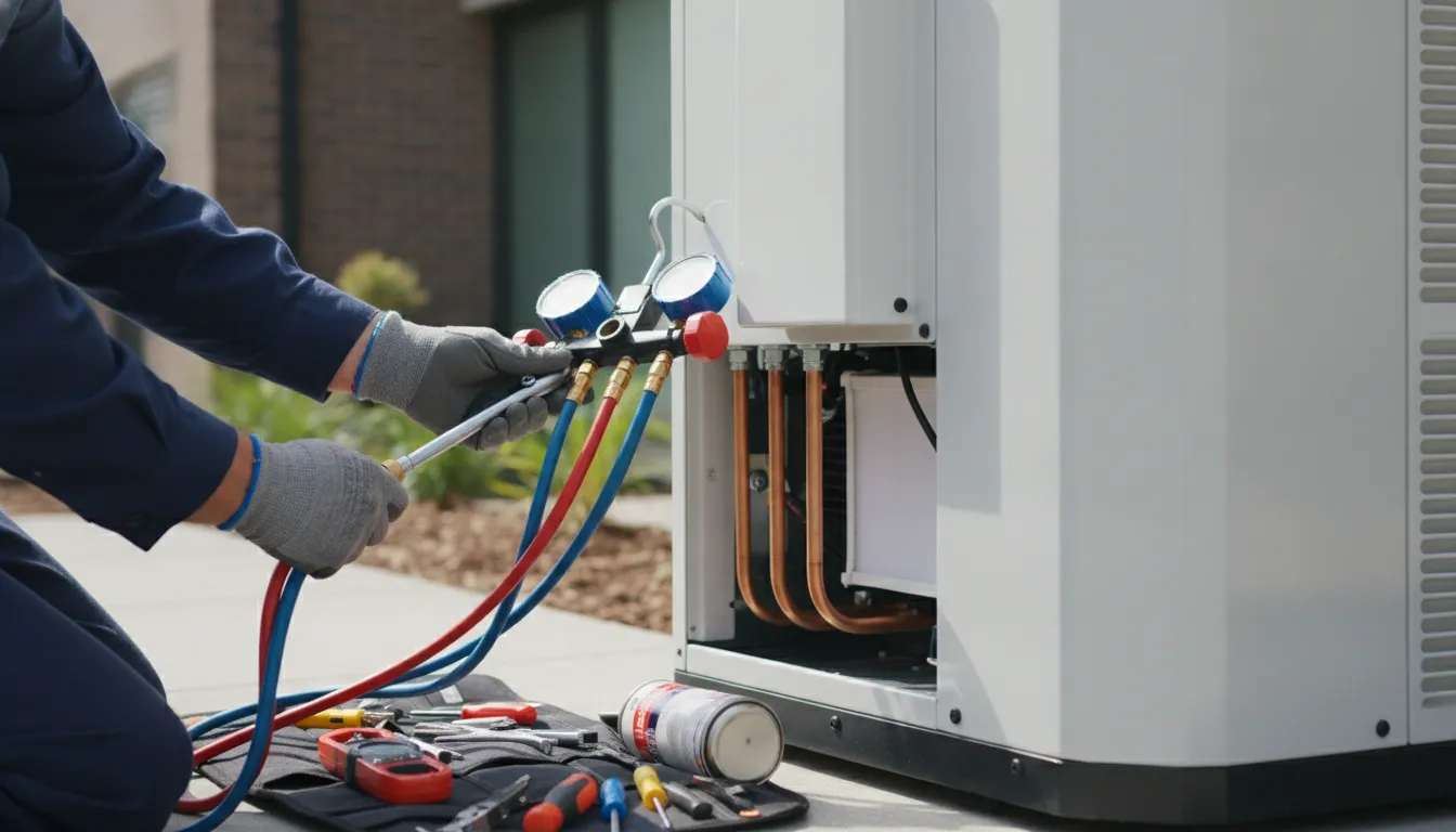 Certified Airteks HVAC technician in a professional uniform servicing a modern residential heating and air conditioning unit