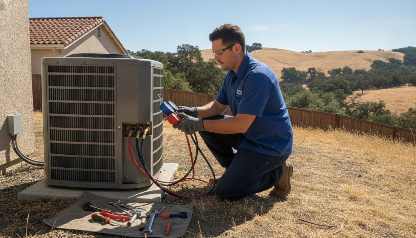 HVAC technician inspecting an outdoor AC compressor unit in Northern California