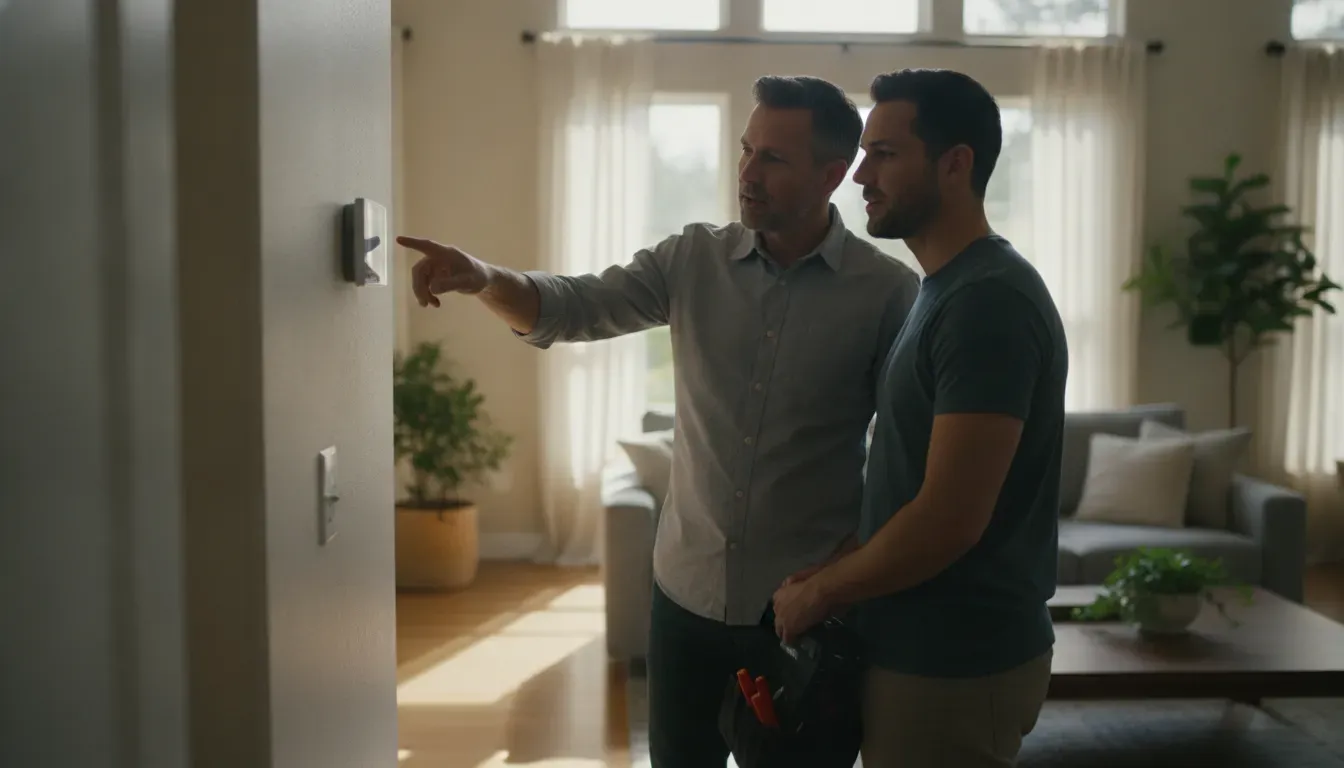 Homeowner and HVAC technician reviewing thermostat comfort settings