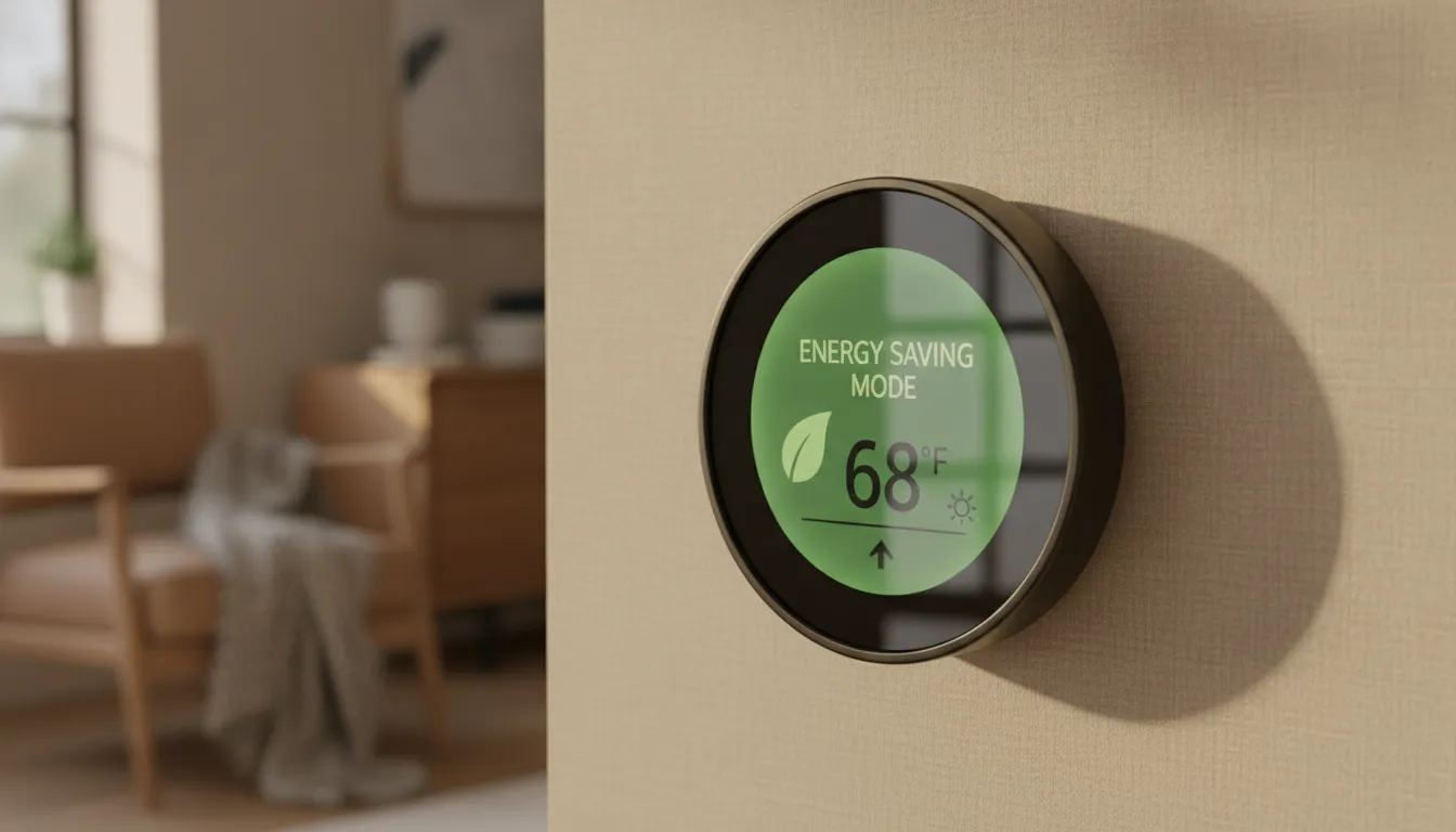 Modern smart thermostat on a home wall displaying energy efficiency savings