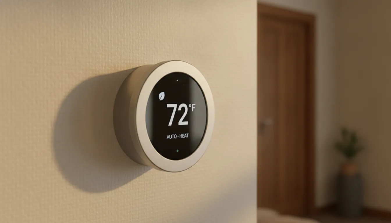 Modern programmable smart thermostat installed on a residential wall for heating and cooling control