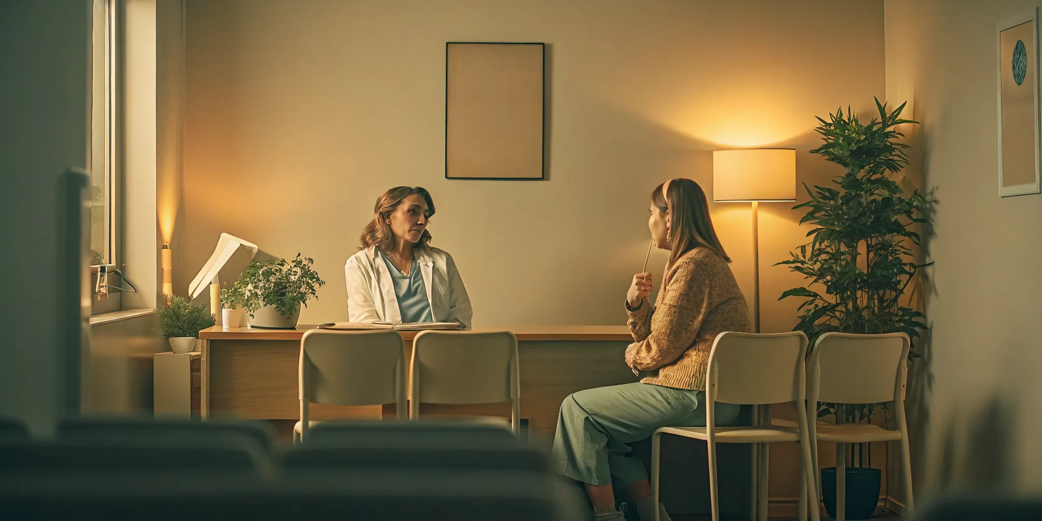 Healthcare professional discussing outpatient treatment options with a patient in a calm clinic environment