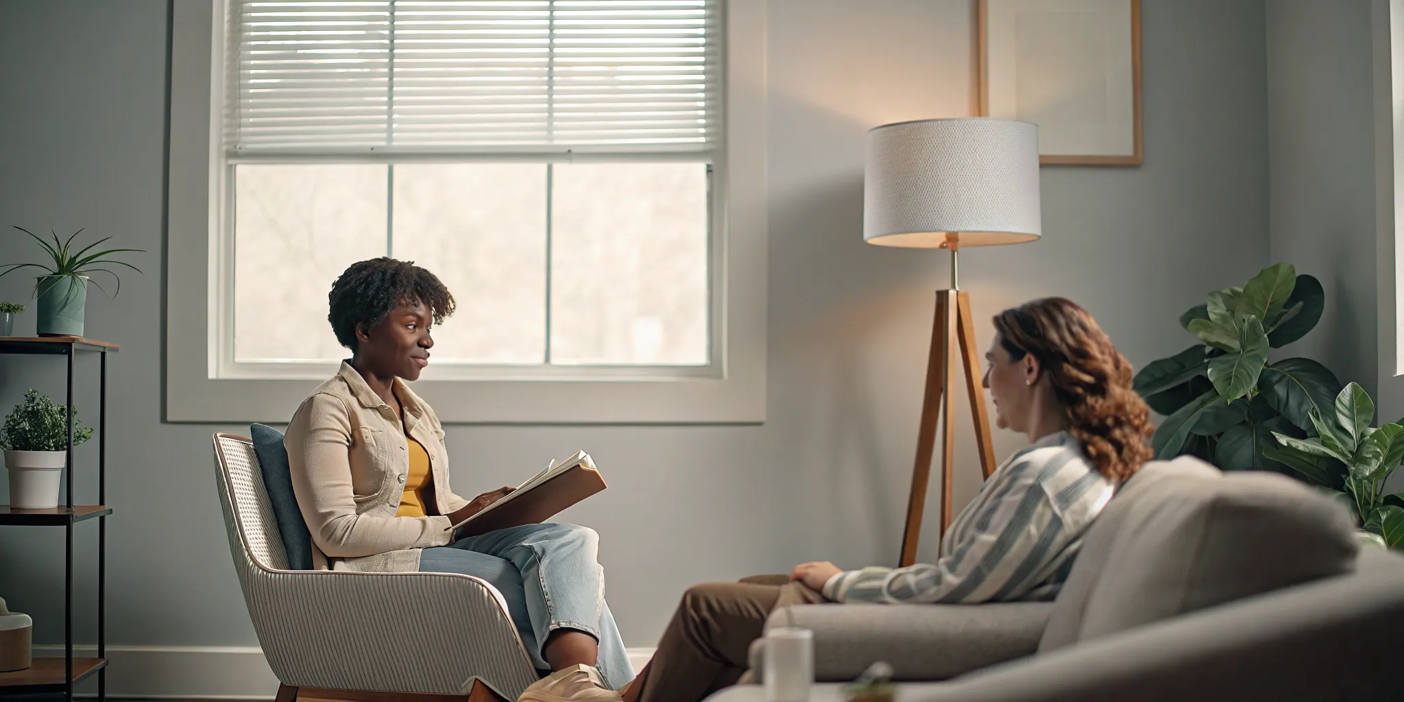Counselor reviewing inpatient vs outpatient rehab options with a patient