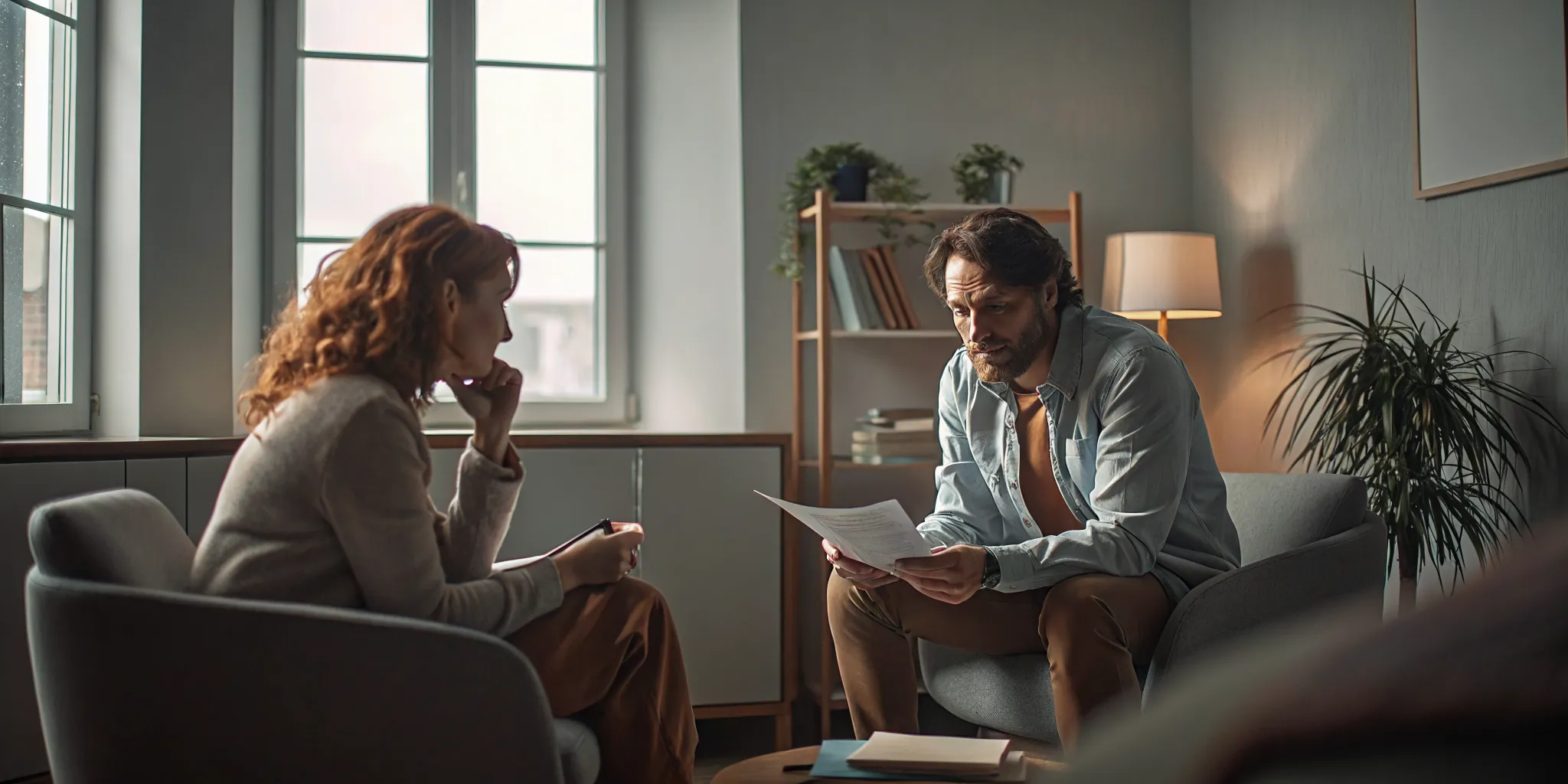 Counselor reviewing alcohol rehab treatment options and insurance details with a client