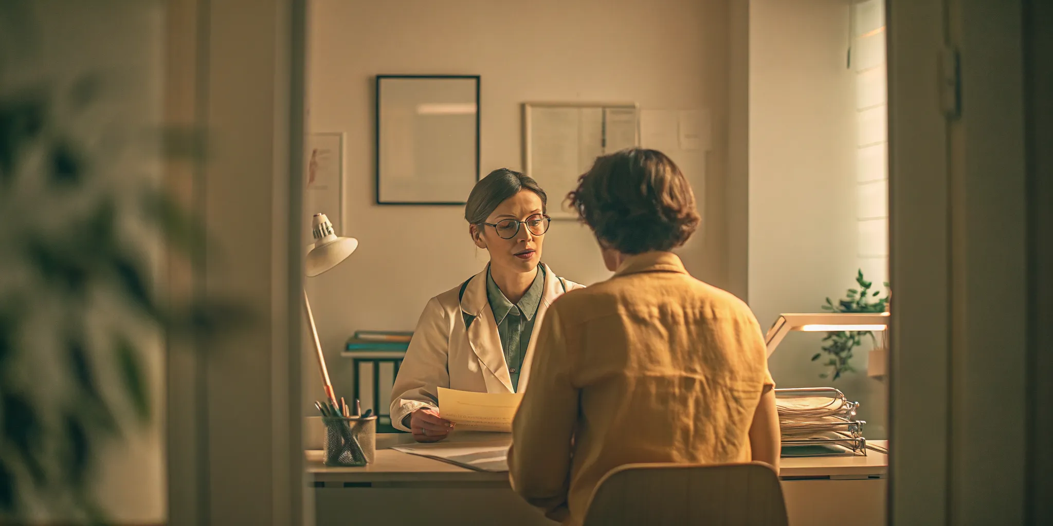 A medical professional speaking with a patient in a clinical office, discussing a treatment plan for medication tapering