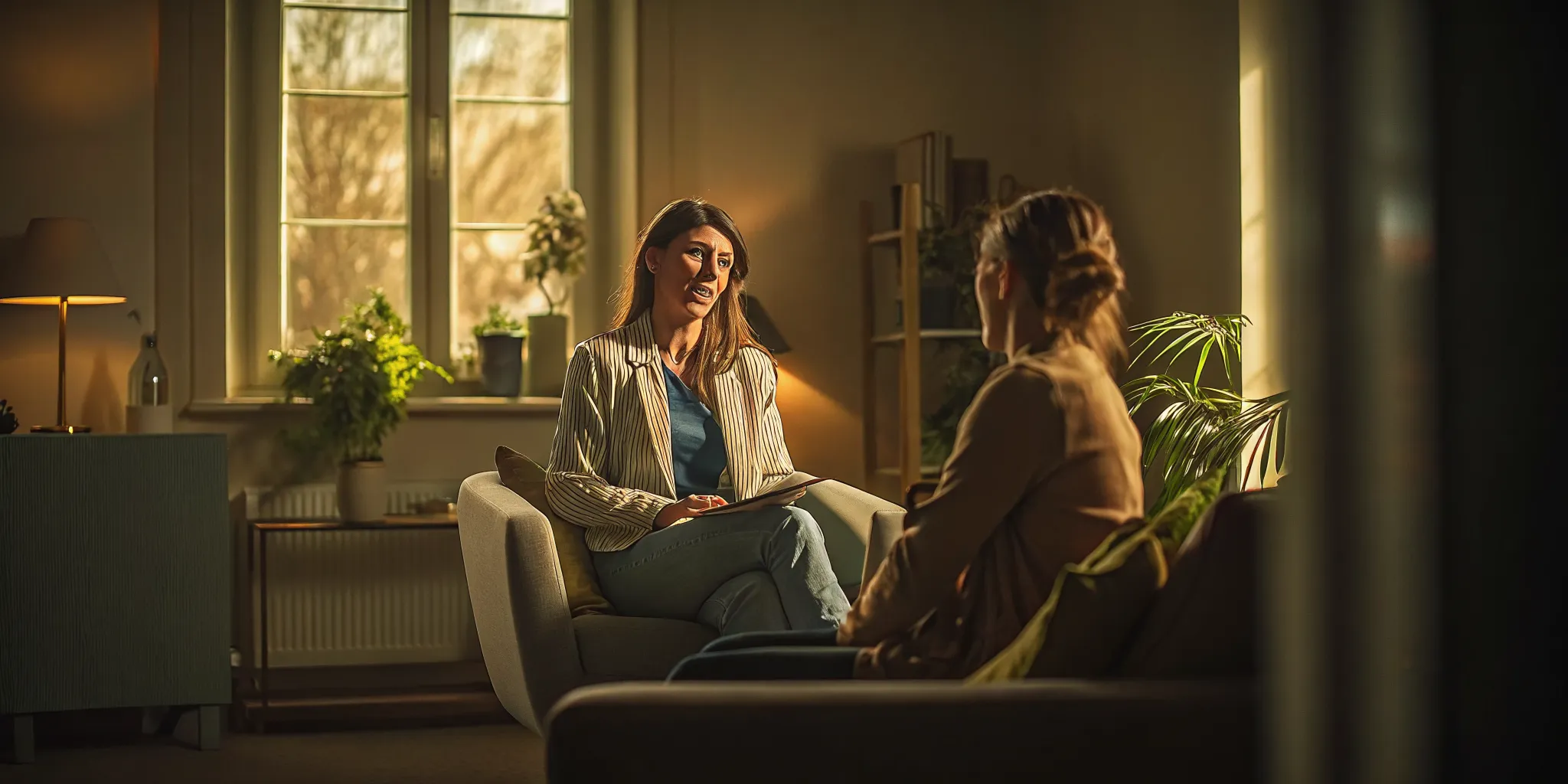 A person speaking with a counselor in a bright therapy office, exploring treatment options for medication concerns