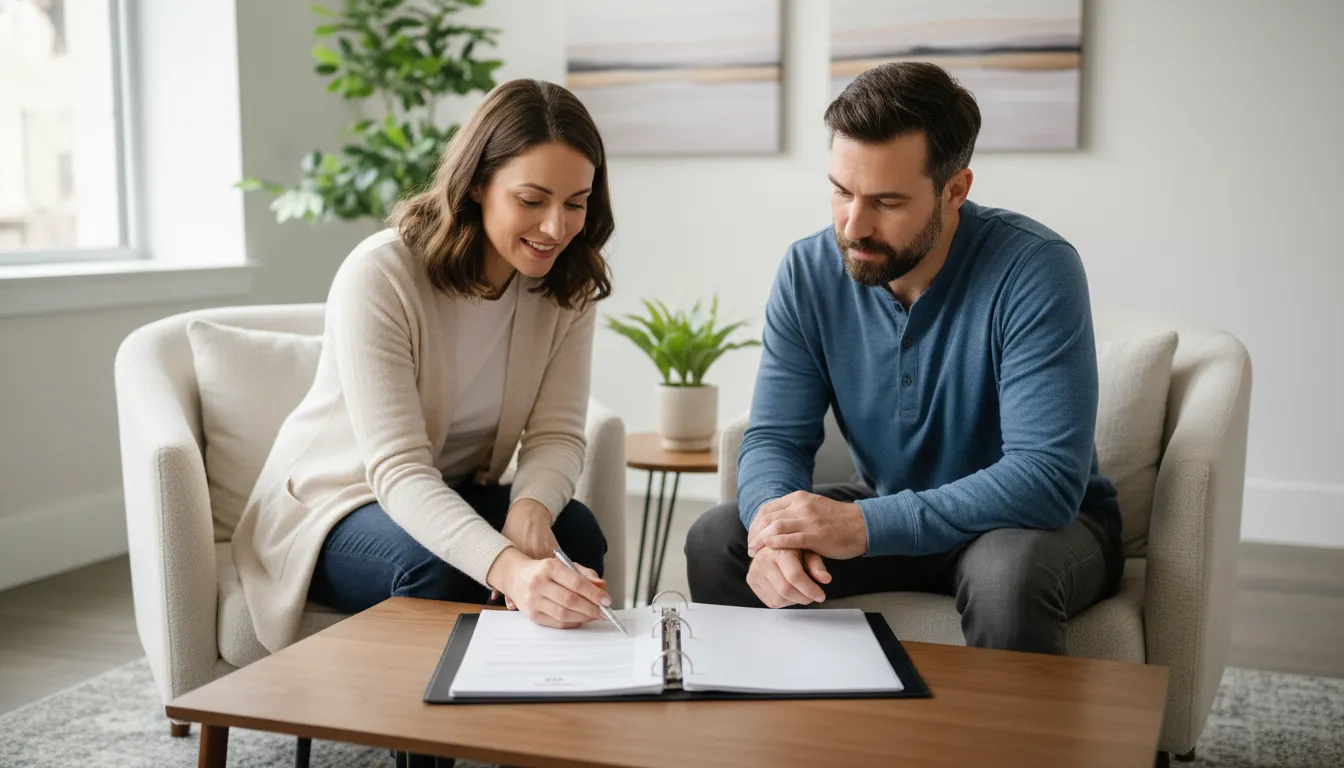 Counselor reviewing a dual diagnosis rehab care plan with a patient