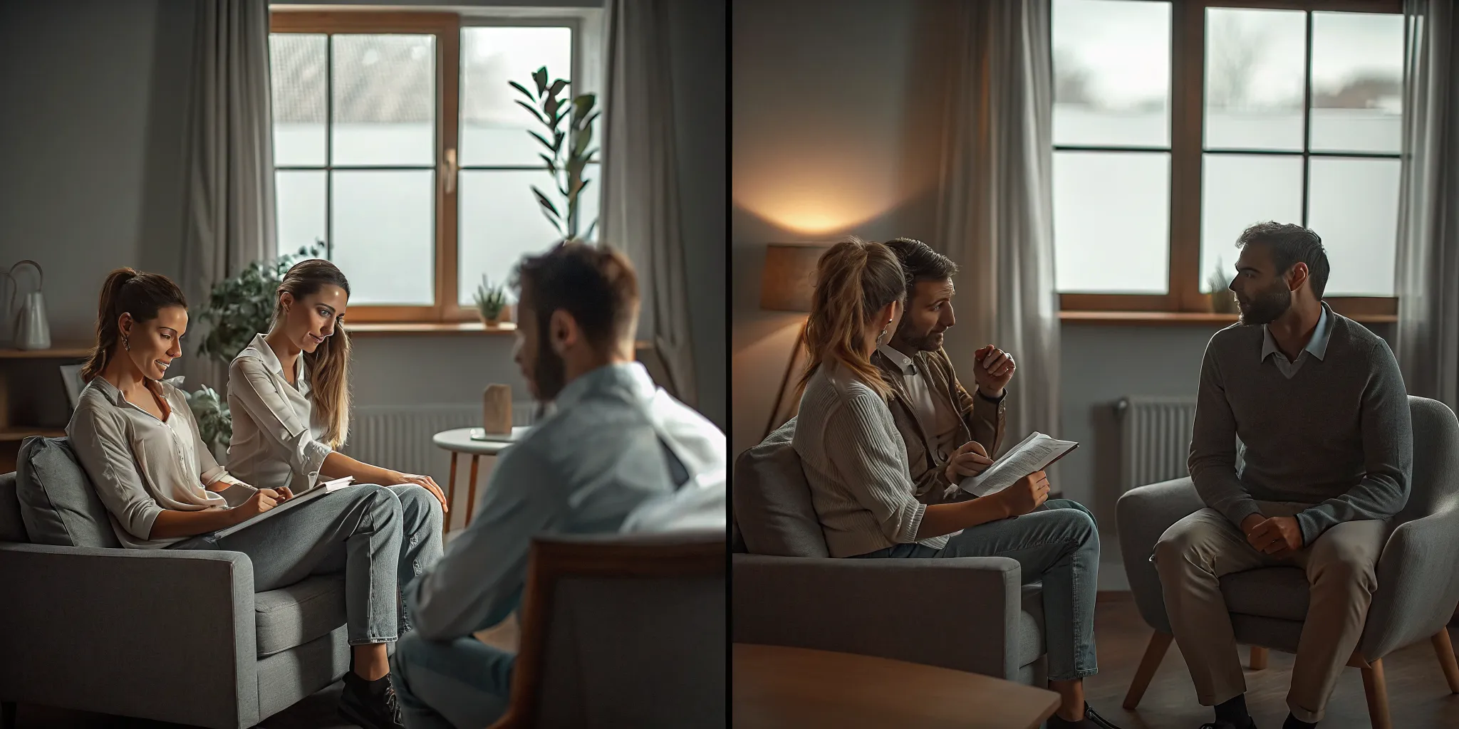 Two separate gender-specific counseling groups meeting in a professional treatment center with comfortable seating and natural light